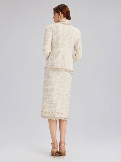 İki Renkli Kareli Tüvit El İşlemeli Çiçekli Ceket (Toka Dahil)