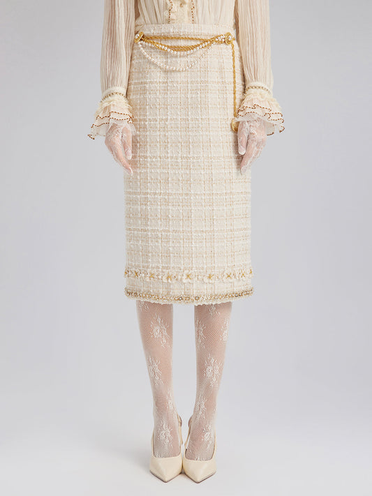 İki Renkli Kareli Tüvit El İşlemeli Çiçekli Etek