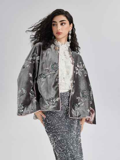 Fransız Kadife Boncuklu Nakışlı Pelerin Kaban