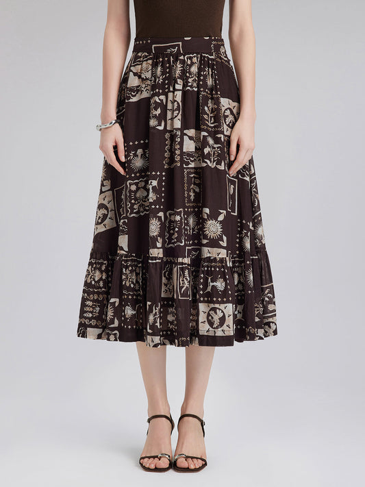 İpek Bitki Desenli Midi Etek