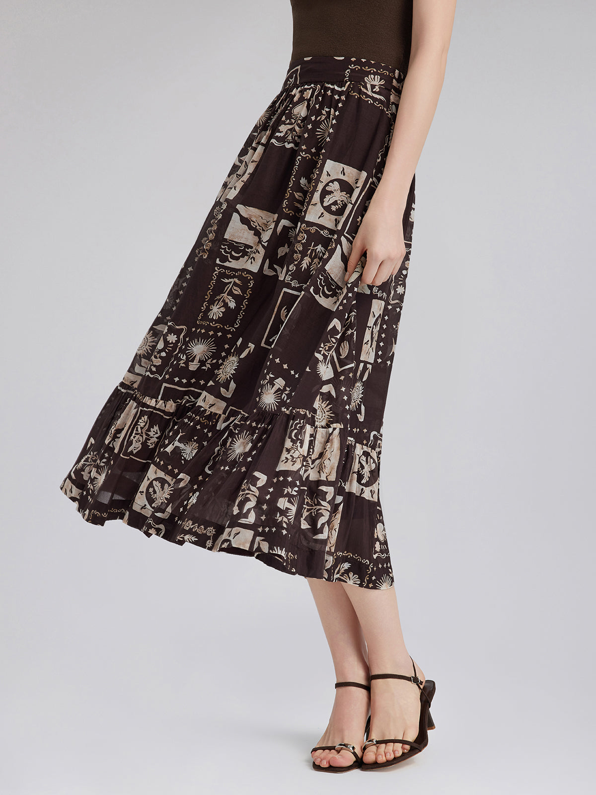 İpek Bitki Desenli Midi Etek