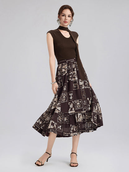 İpek Bitki Desenli Midi Etek