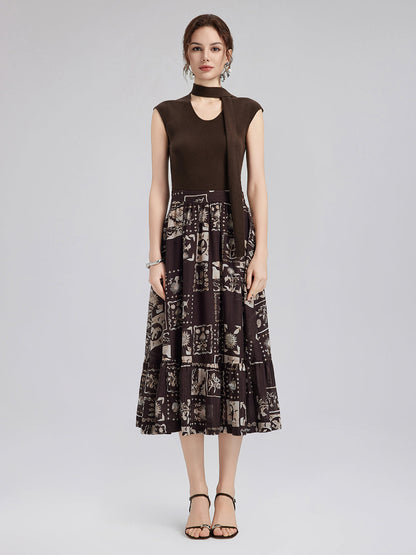 İpek Bitki Desenli Midi Etek