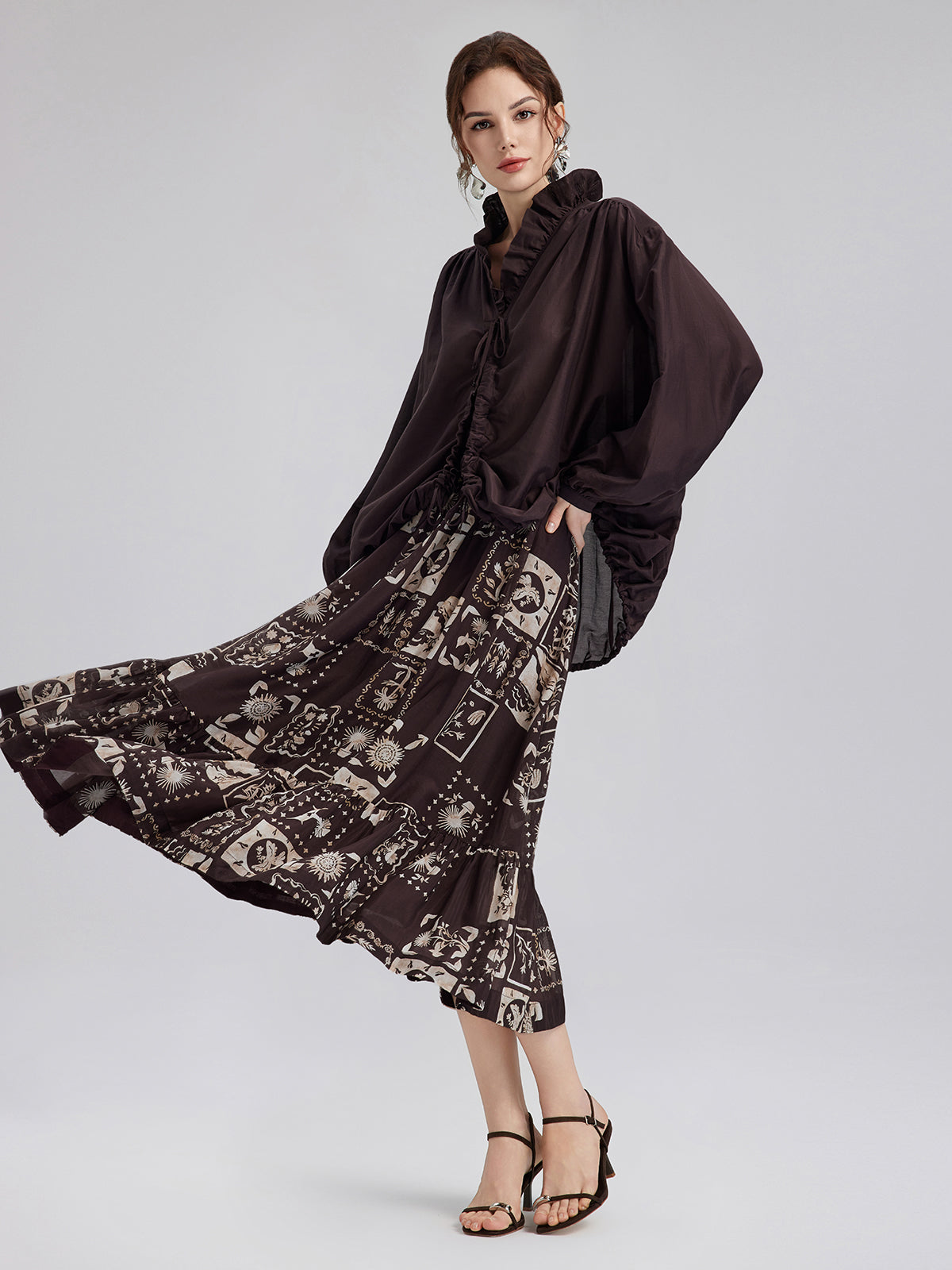 İpek Bitki Desenli Midi Etek