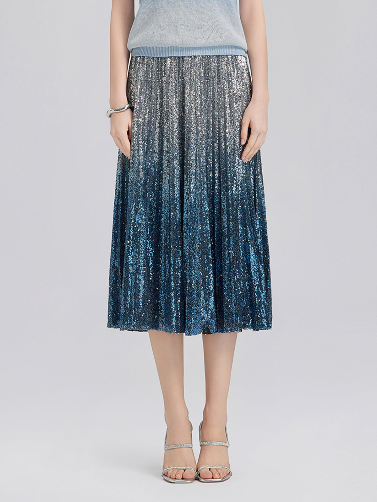 Renk Geçişli Pullu Pileli Midi Etek