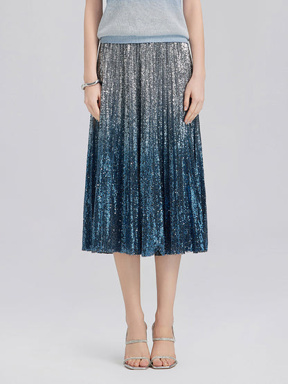 Renk Geçişli Pullu Pileli Midi Etek