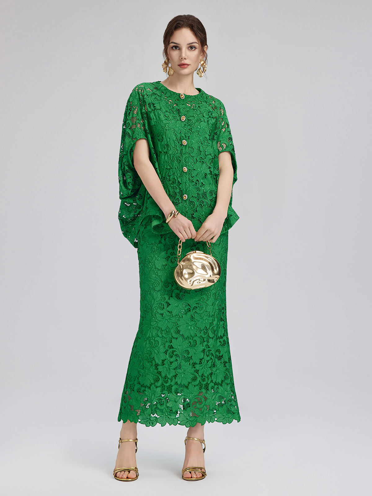Dantel Aplike Zümrüt Yeşili Kalem Etek