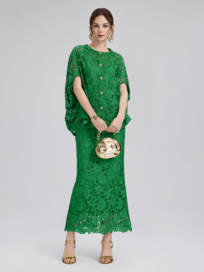 Dantel Aplike Zümrüt Yeşili Kalem Etek