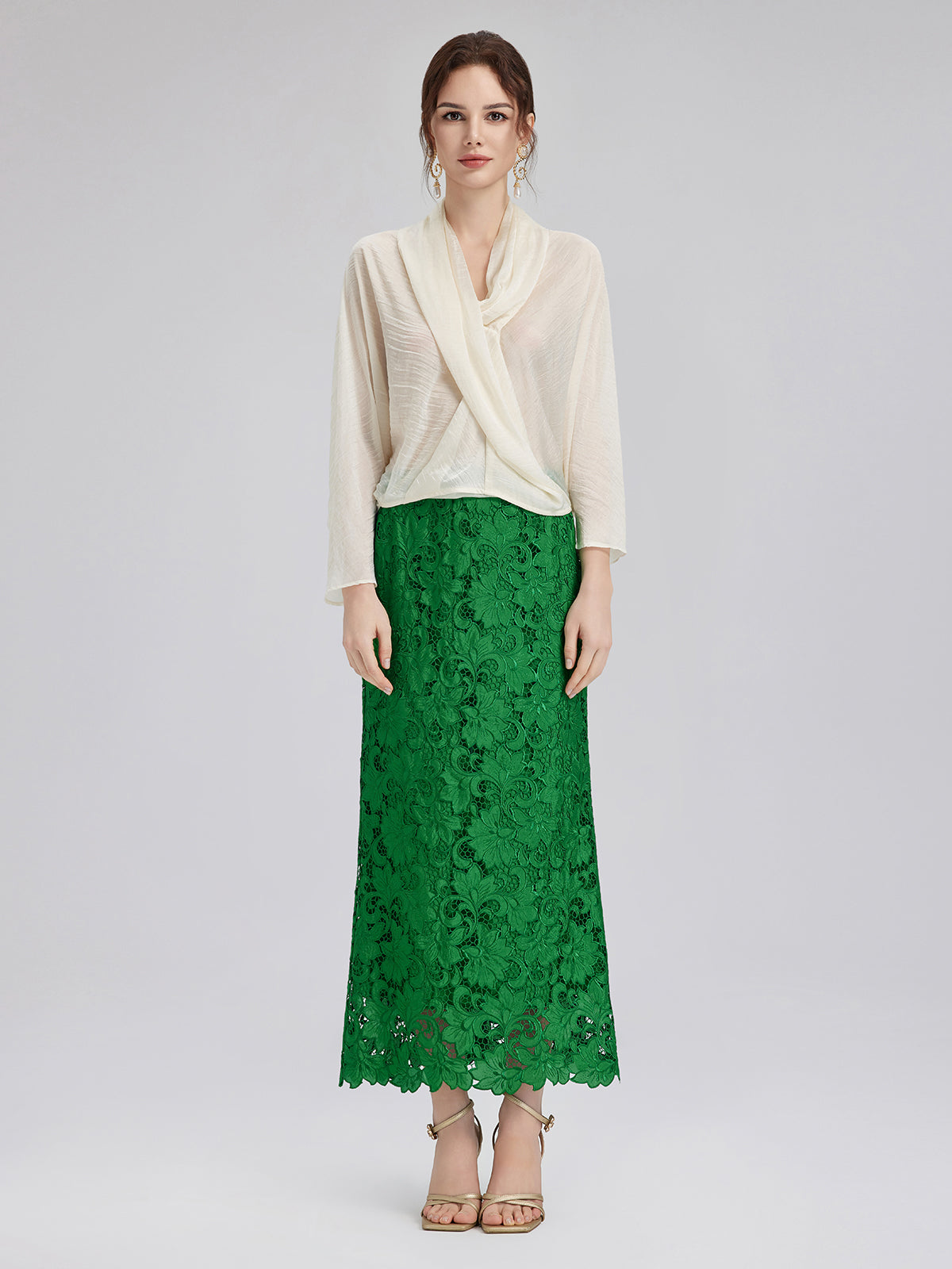 Dantel Aplike Zümrüt Yeşili Kalem Etek