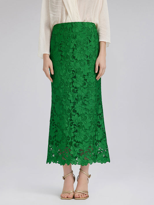Dantel Aplike Zümrüt Yeşili Kalem Etek
