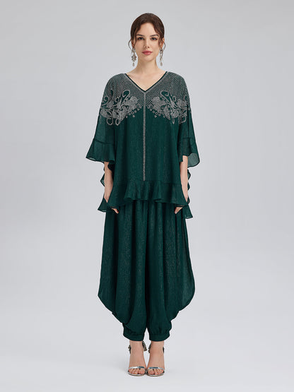 Gümüş İplikli Şifon Büzgülü Havuç Pantolon