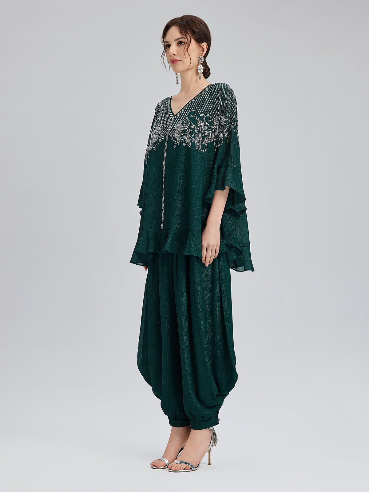 Gümüş İplikli Şifon Büzgülü Havuç Pantolon