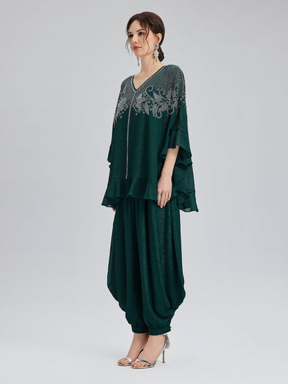 Gümüş İplikli Şifon Büzgülü Havuç Pantolon