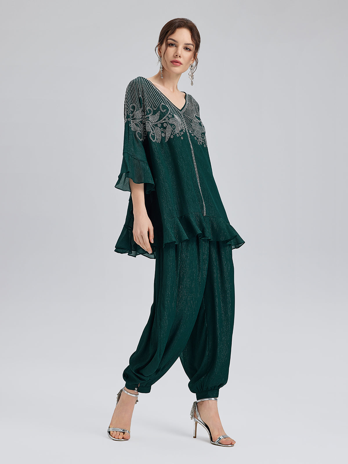 Gümüş İplikli Şifon Büzgülü Havuç Pantolon