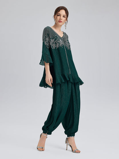 Gümüş İplikli Şifon Büzgülü Havuç Pantolon