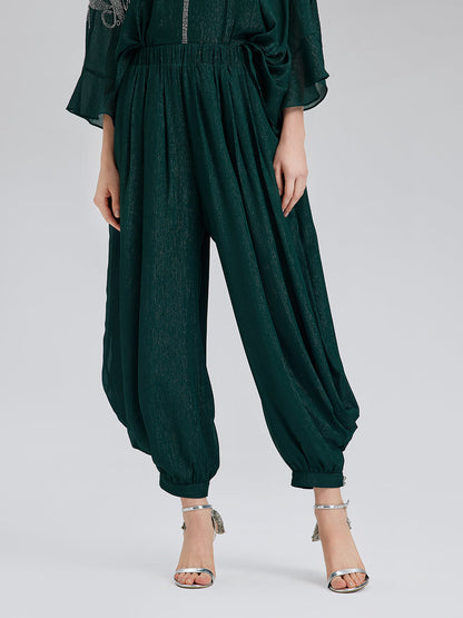 Gümüş İplikli Şifon Büzgülü Havuç Pantolon