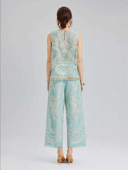 Organze Nakışlı Nane Yeşili Kısa Pantolon