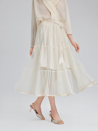 Pileli Tül Beli Lastikli Etek