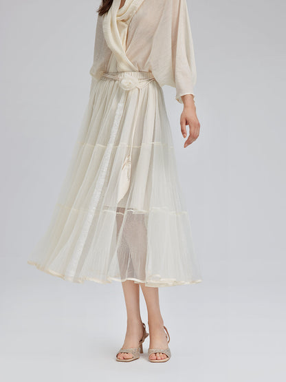 Pileli Tül Beli Lastikli Etek