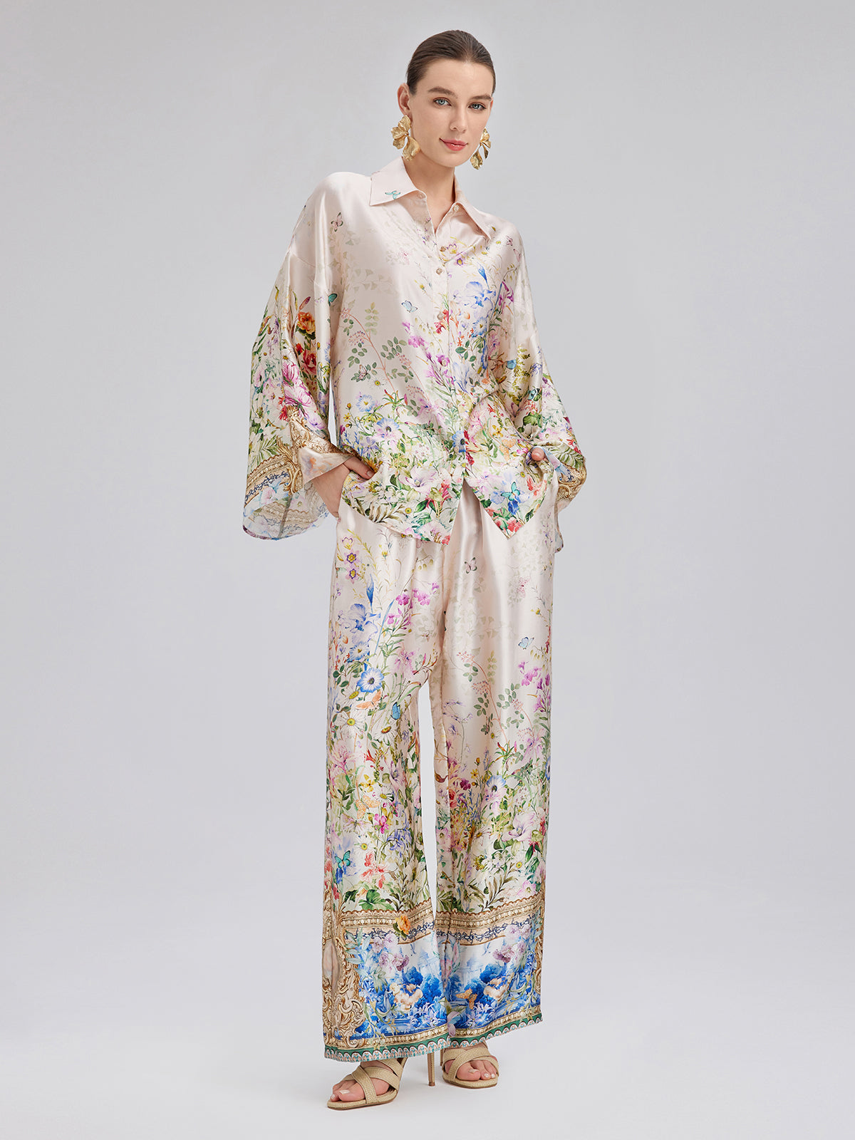 İpek Saten Çiçek Desenli Pantolon (%100 İpek)