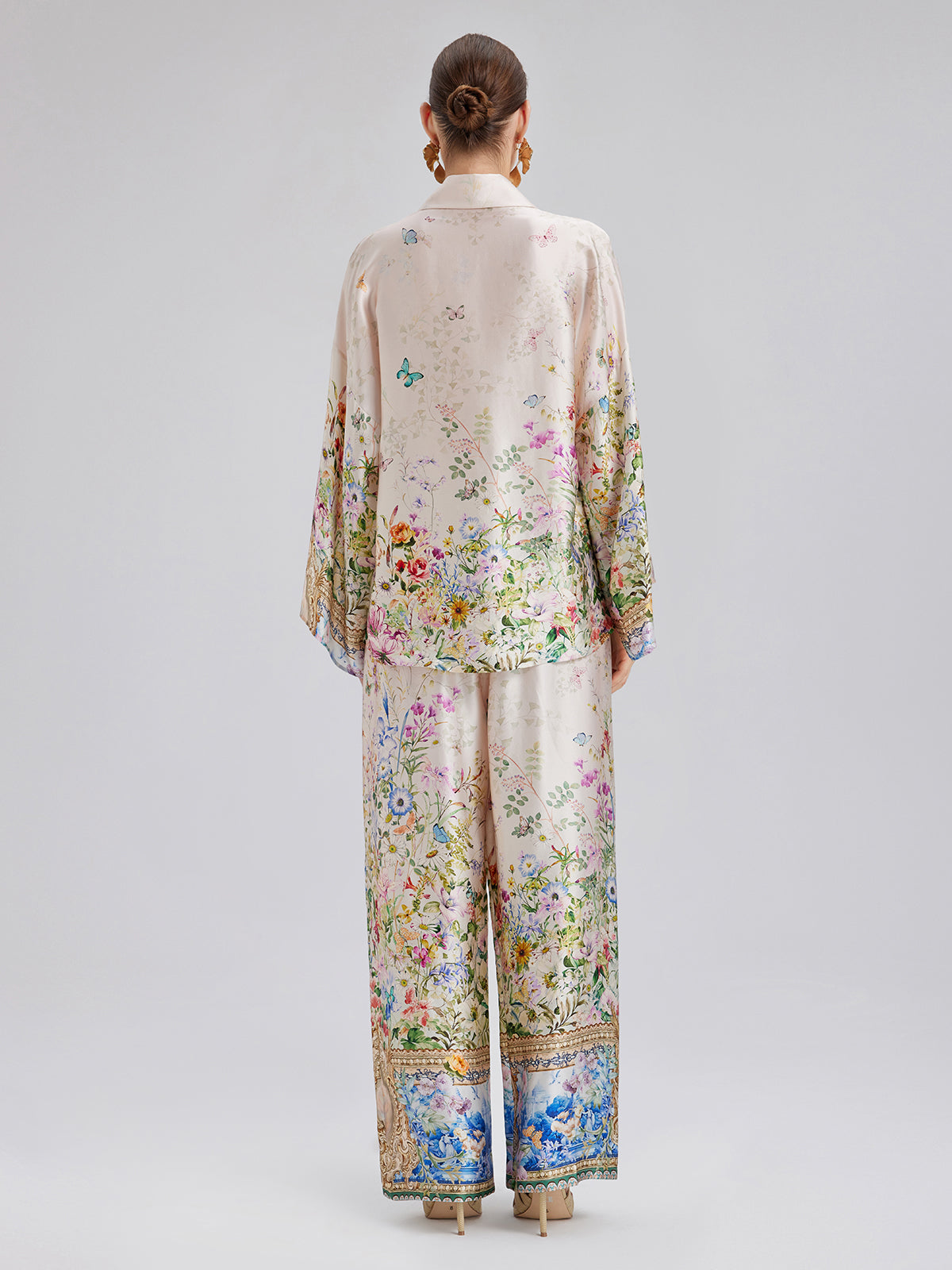 İpek Saten Çiçek Desenli Pantolon (%100 İpek)