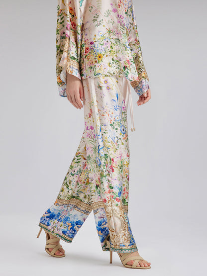 İpek Saten Çiçek Desenli Pantolon (%100 İpek)