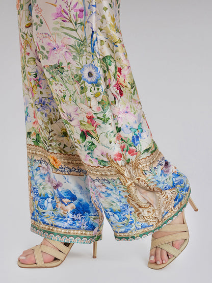 İpek Saten Çiçek Desenli Pantolon (%100 İpek)