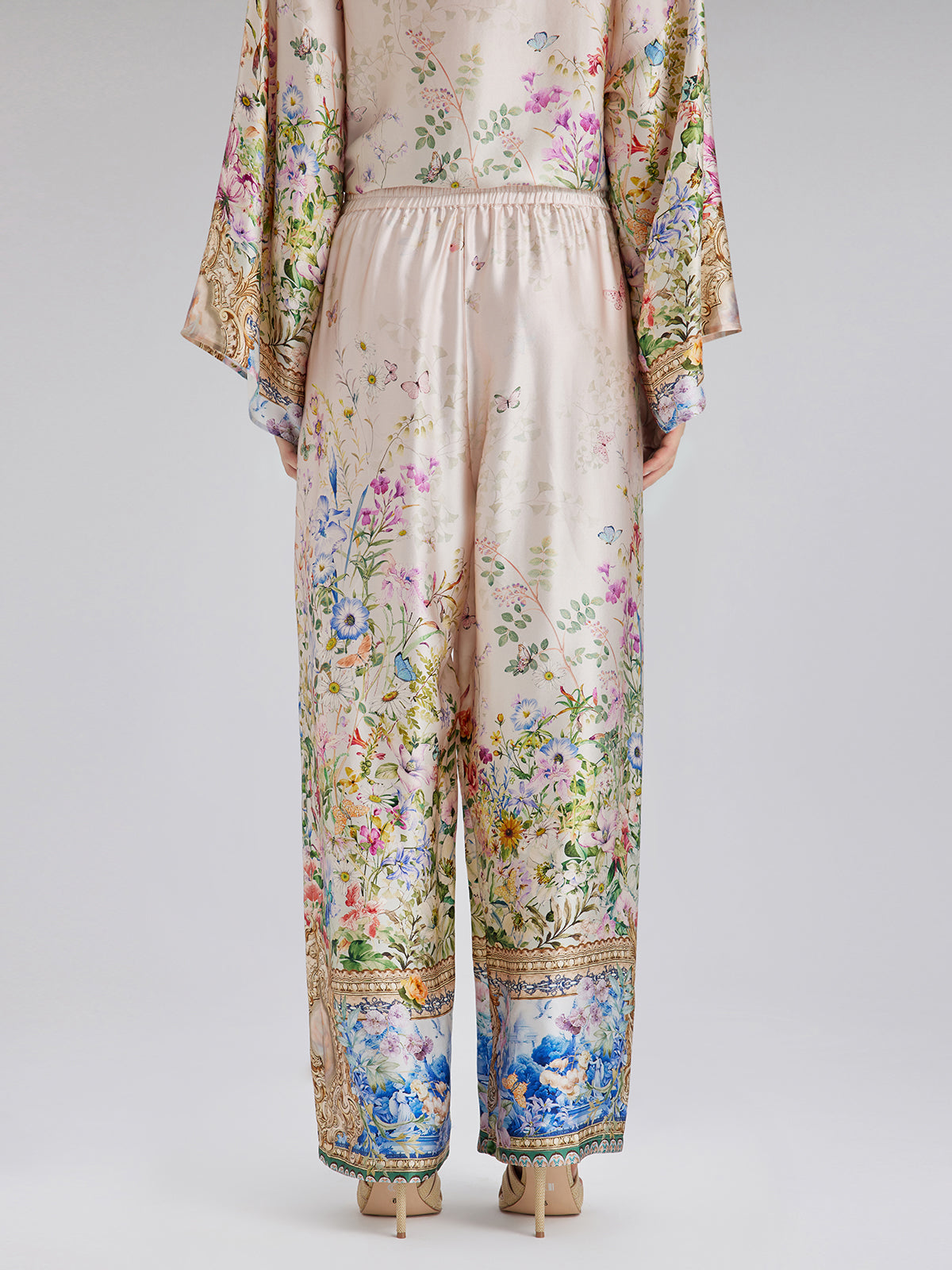 İpek Saten Çiçek Desenli Pantolon (%100 İpek)