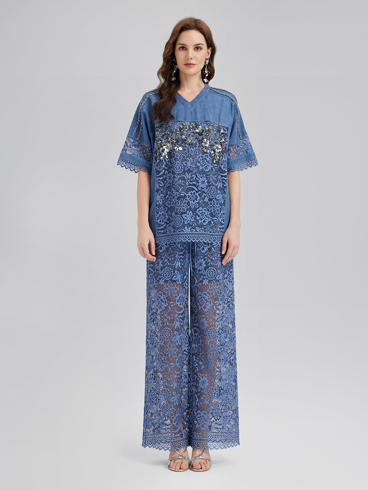 Kum Yıkamalı Dantelli Beli Lastikli Pantolon