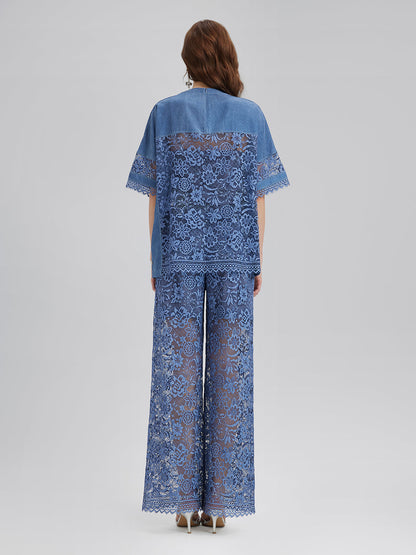 Kum Yıkamalı Dantelli Beli Lastikli Pantolon