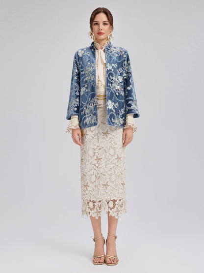 Çiçekli Pullu Nakışlı Truvakar Kol Kadife Ceket