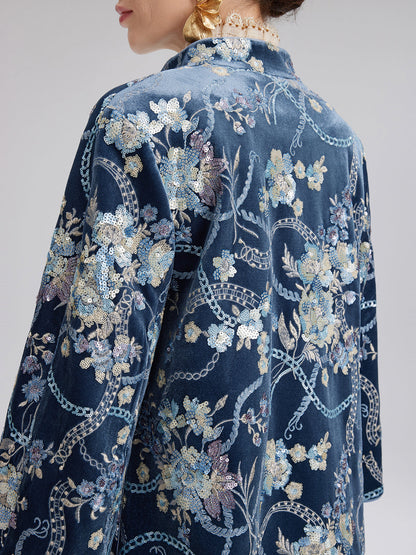 Çiçekli Pullu Nakışlı Truvakar Kol Kadife Ceket