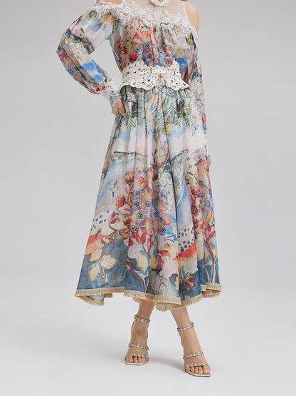 Yağlı Boya Desenli İpek-Keten Etek