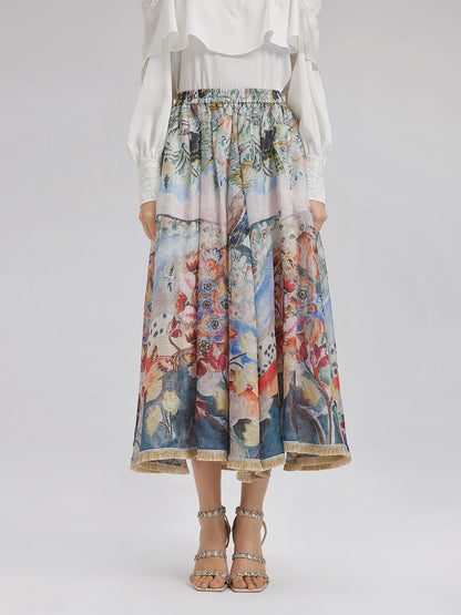 Yağlı Boya Desenli İpek-Keten Etek