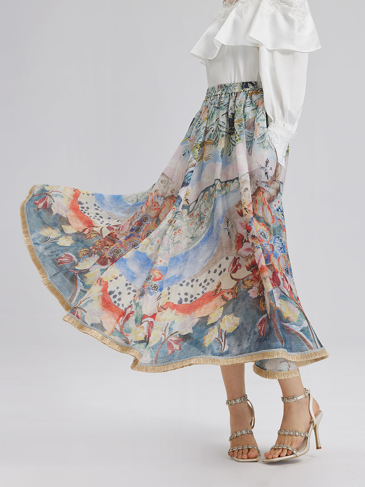 Yağlı Boya Desenli İpek-Keten Etek