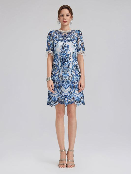 Güpür Dantel El İşlemesi Taşlı Mini Elbise