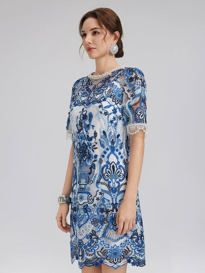 Güpür Dantel El İşlemesi Taşlı Mini Elbise