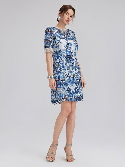 Güpür Dantel El İşlemesi Taşlı Mini Elbise