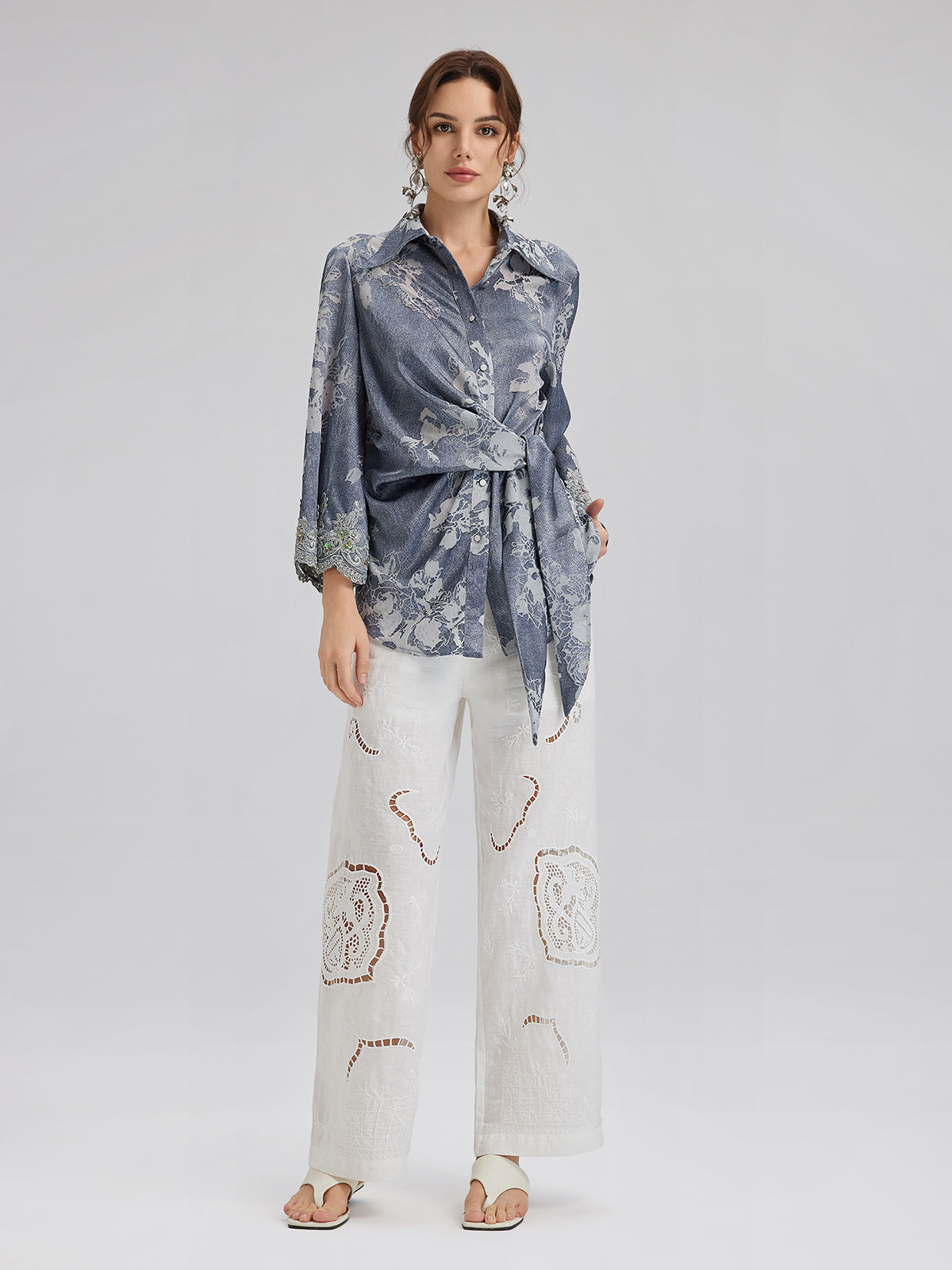 Keten Nakışlı Delikli Tatil Pantolonu