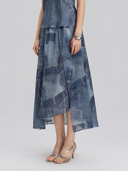 İpek Şifon Kot Desenli Etek