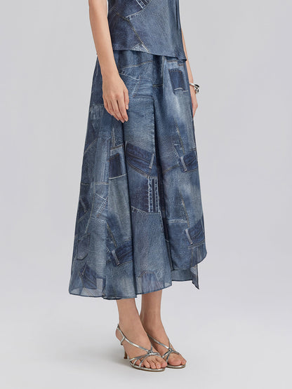 İpek Şifon Kot Desenli Etek