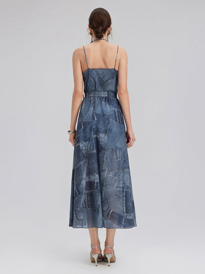 İpek Şifon Kot Desenli Etek