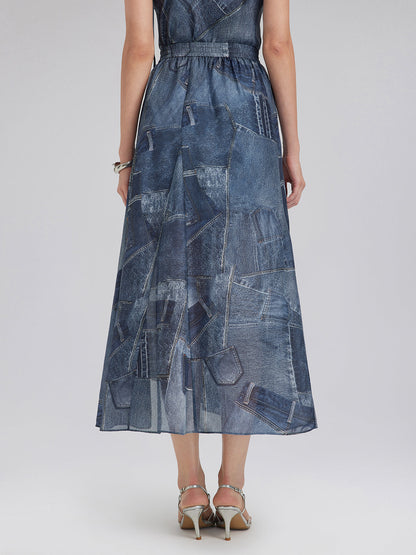 İpek Şifon Kot Desenli Etek