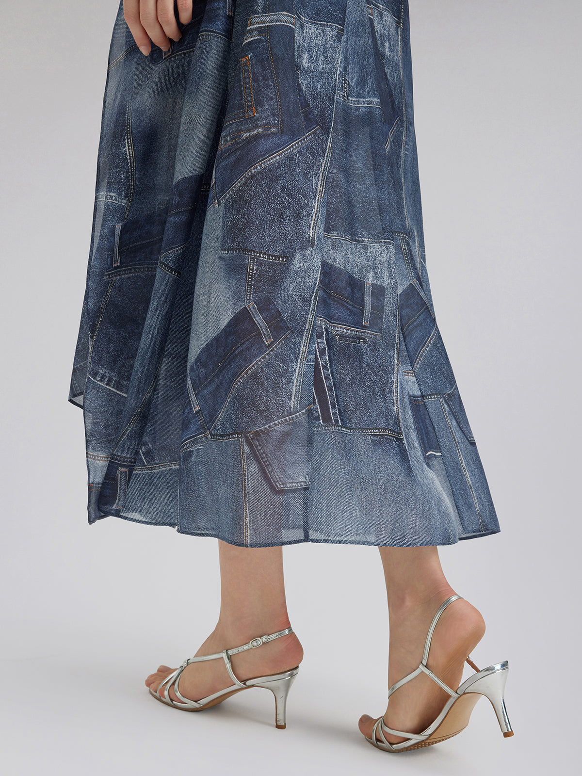 İpek Şifon Kot Desenli Etek