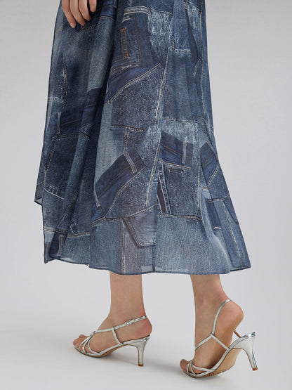 İpek Şifon Kot Desenli Etek