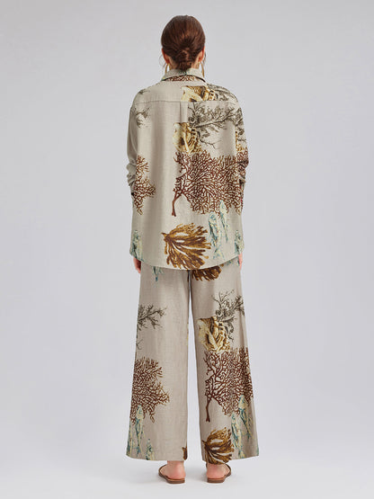 Desenli Keten Görünümlü Beli Lastikli Pantolon