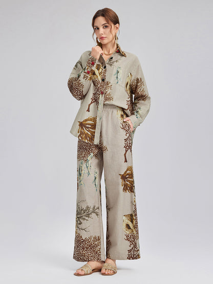 Desenli Keten Görünümlü Beli Lastikli Pantolon