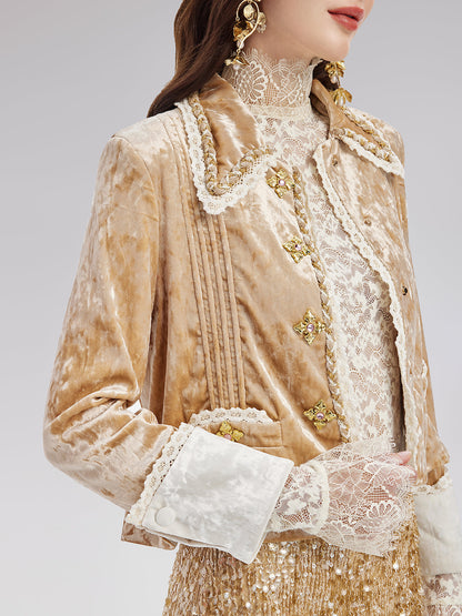 Kadife Dantel Kenarlı Kısa Ceket