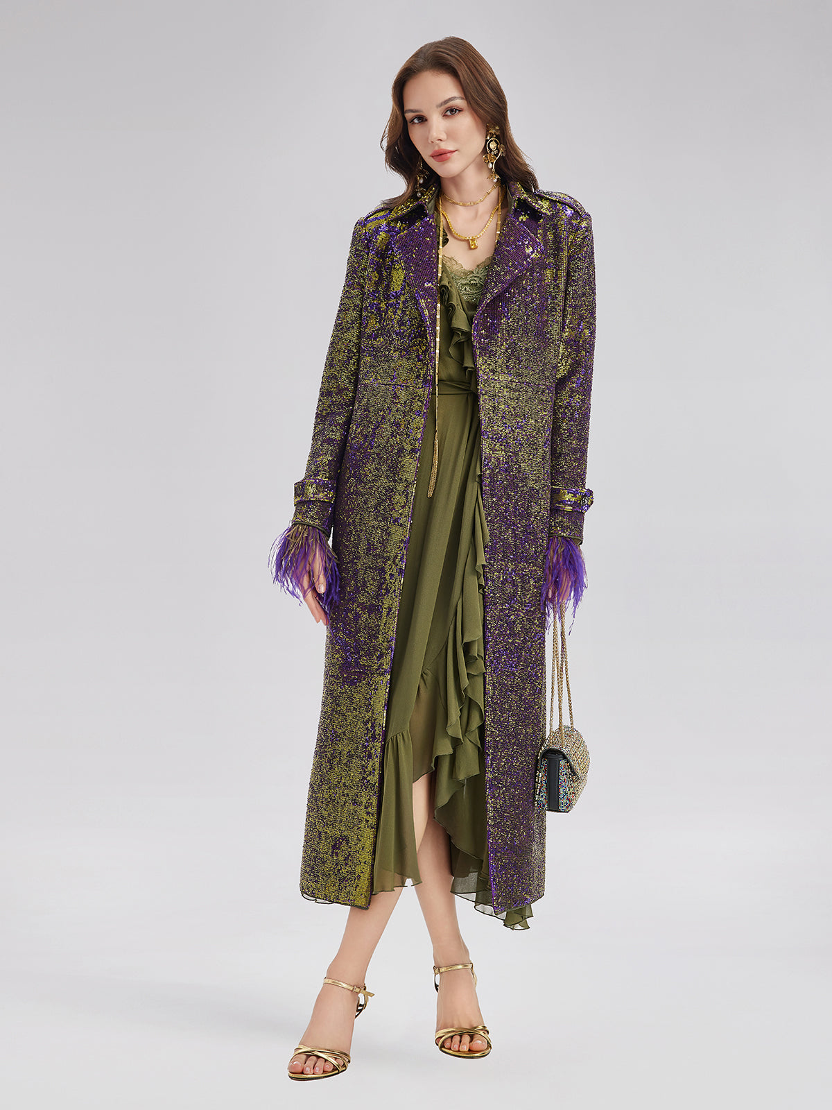 İki Renkli Pullu Devekuşu Tüyü Trençkot