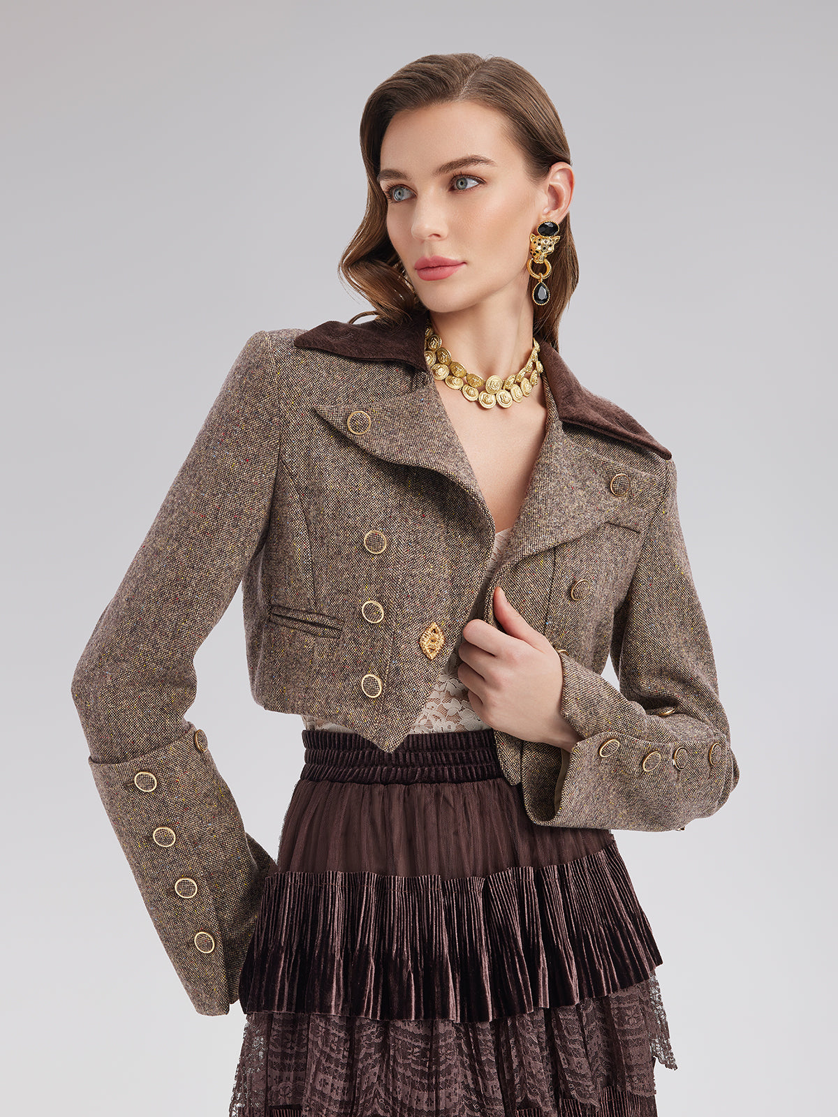 Avustralya Yünü Karışımlı Blok Renkli Kısa Ceket